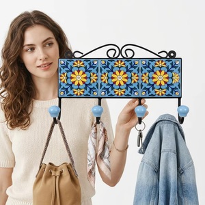 Beads Art Vintage Ceramic Tile Wall Multifunctional <b>Coat</b> <b>Hook</b> Flower Pattern 4 <b>Hooks</b> Blue Yellow Handmade <b>Decorative</b> <b>Hooks</b> for - Product Image 3