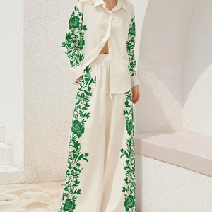 เสื้อทอผ้าลายทึบแบบลำลองสำหรับฤดูร้อน เสื้อแจ็คการ์ดผ้าฝ้ายปักลายดอกไม้ ความยาวสั้น สวมใส่ได้ทุกวัน ชุดสองชิ้น ทำจากผ้าชีฟอง - Product Image 1