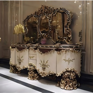 Royal Luxury Solid Teak Wood <b>Console</b> <b>Table</b> Triple Wall Mirror Set <b>Gold</b> Carved Sideboard Cabinet Living Room Buffet Furniture - Product Image 5