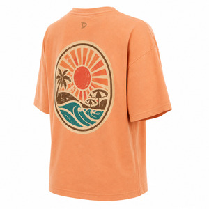 T-shirt col rond orange pour femme, motif vague solaire, coupe ample, décontracté, manches courtes, 100 % coton jersey respirant 240 GSM, printemps - Product Image 3
