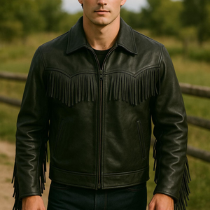 Men's Black Leather <b>Jacket</b> With Fringe Vintage <b>Western</b> Style Turn-down Collar Zipper Closure Regular Fit - Product Image 2