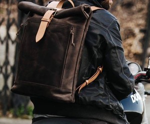 Elegant Genuine <b>Leather</b> Roll Top <b>Backpack</b> Sleek Minimalist Business Laptop Bag Multi Function Travel Rucksack LRTB-0105B - Product Image 4