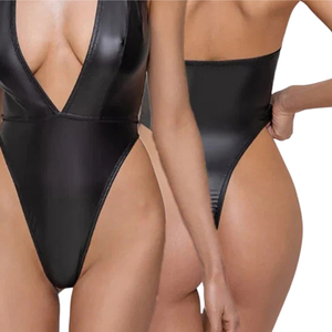 Women's Black PU Leather Bodysuit Deep V Neck Hollow Out <b>Sequined</b> Embroidery Half Slips Sexy Lingerie One Piece - Product Image 4