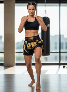 กางเกง MMA ชาย สีดำทอง พิมพ์ลายแบบ Sublimation แห้งเร็ว สำหรับกีฬาผสมผสาน โลโก้ด้านหน้า ทรงปกติ กางเกง MMA รุ่นใหม่ - Product Image 5