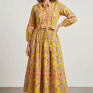 Indian Hand Block Printed Cotton Paisley Maxi Dress - <b>Boho</b> Tiered <b>Shirt</b> Dress with Matching Belt. - Product Image 1