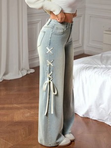 Jeans pour femmes à taille haute, sur mesure, OEM, tendance, à jambes larges, en denim, vente en gros - Product Image 5