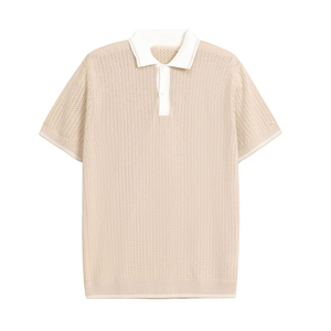 Polo de punto beige para hombre, personalizado, con cuello blanco en contraste, cierre de botones, textura hueca y transpirable, venta al por mayor - Product Image 1