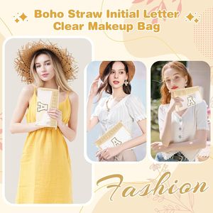 Borsa con Cerniera Personalizzata con Lettera Iniziale, Piccola e Carina, in Ciniglia Stile Varsity, per Trucchi, da Spiaggia, da Viaggio, Boho, in Paglia, Trasparente, per Cosmetici - Product Image 4