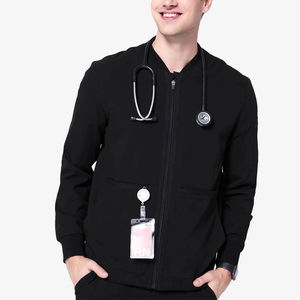 Blouse médicale noire pour homme, fermeture éclair, uniforme d'hôpital avec poche pour stéthoscope et porte-badge. - Product Image 1