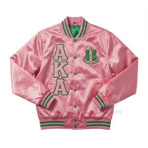 Chaqueta bomber universitaria de satén rosa y verde con bordado de letras griegas, cortavientos, para mujer, estilo universitario y HBCU. - Product Image 1