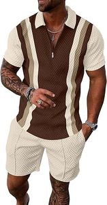 Ensembles de survêtements d'été pour hommes 2 pièces avec shorts, tenues de sport à manches courtes, polos de golf à quart de zip, chemises rayées en velours 100% - Product Image 2