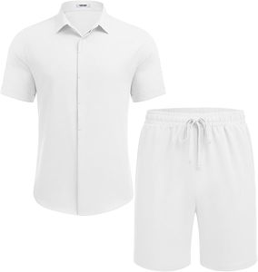 Tenues de plage d'été pour hommes, ensembles de chemises à manches courtes et shorts en lin texturé pour les vacances - Product Image 6