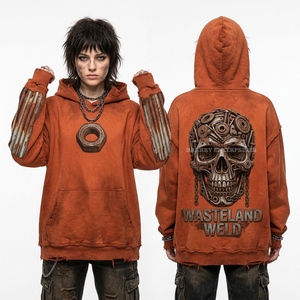 Sweat à capuche Grunge Cafe Racer 500GSM marron délavé, motif crâne et café, style motard, coupe oversize pour femme, pull épais - Product Image 2