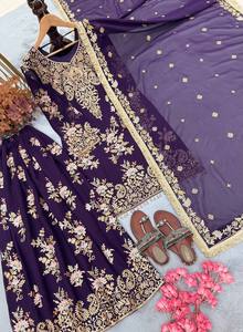 Wholesale Faux Georgette Embroidered Palazzo <b>Suit</b> with Heavy Sequin Work Stretchable Wrinkle-Free Ready Made Lace Dupatta Latkan - Product Image 5