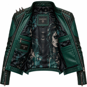 Chaqueta de Cuero Genuino Verde Oscuro para Mujer, Estilo Motero, con Estampado Gráfico Personalizado, Correa en el Pecho y Tachuelas, Servicio de Fábrica OEM - Product Image 5