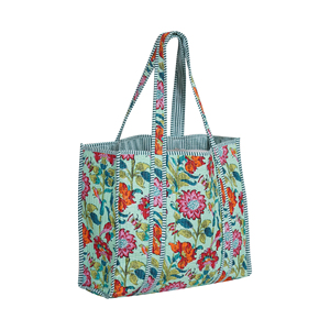 Sac fourre-tout en coton matelassé vert à imprimé floral bohème, ouverture supérieure, léger et durable pour les voyages, la plage et le shopping, toutes saisons - Product Image 2