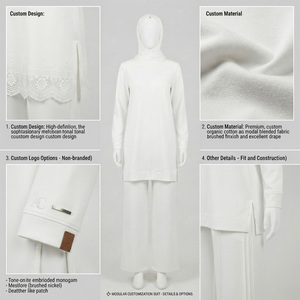 Women's White Hooded Long Sleeve Knitted Hoodies Islamic Modest Set Regular Fit Knee Length Solid Color Autumn Casual Pants - Product Image 5