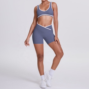 Scoop Neck Racerback <b>Crop</b> <b>Top</b> High Waist Shorts 2 Piece Set Seamless Breathable Yoga Wear Solid Color Contrast Binding - Product Image 2