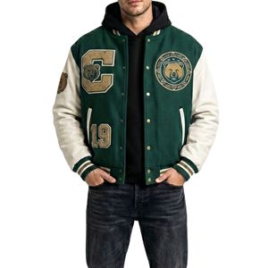 High Quality Blue White Varsity Jacket Wool Body Leather Sleeves <b>Globe</b> Embroidery Letterman Coat Classic American Streetwear - Product Image 3