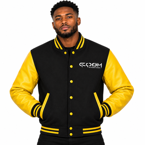 Chaqueta Varsity para Hombre con Bloques de Color, Mangas de Cuero PU, Estilo Béisbol, Cierre de Botones, Cuello Alto, Moda Casual Universitaria - Product Image 1