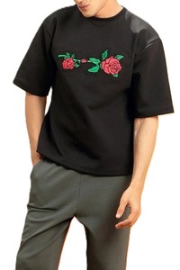 T-shirt brodé de roses noires pour homme – Tee-shirt élégant en coton à motif floral, haut décontracté à manches courtes et col rond pour la mode streetwear - Product Image 6