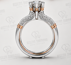 Two Tone <b>Gold</b> Round Cut Diamond Engagement <b>Ring</b> and Matching Pave Band Luxury Bridal <b>Set</b> 14K White Rose <b>Gold</b> Wedding <b>Rings</b> - Product Image 5