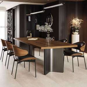 Table à manger noire moderne et écologique, base géométrique unique, plateau en bois de noyer massif, design rectangulaire luxueux, pieds en bois, 6 places - Product Image 3