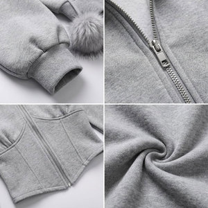 Hot Sale Women's Gray Hooded Zip-Up Sweatshirt With Faux <b>Fur</b> <b>Trim</b> And Pom Poms Short Crop <b>Top</b> Winter Wear - Product Image 6