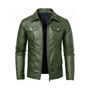 Men's Green PU Leather Moto <b>Biker</b> <b>Jacket</b> With Zipper Closure Turn-down Collar Regular Sleeve Solid Color Slim Fit Autumn Style - Product Image 1