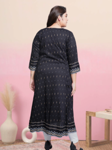 Kurti Anarkali de Rayón para Mujer, Talla Grande, Estampado Geométrico Negro, Cuello Redondo, Mangas Tres Cuartos, Cómodo para Uso Diario - Product Image 4