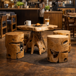 Juego de Mesa de Raíz de Teca Rústica de Lujo ARTERRA con Taburetes de Madera Natural - Muebles para Sala de Estar - Product Image 4