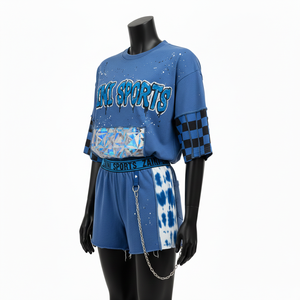 ชุดเสื้อยืดและกางเกงขาสั้นผู้หญิง ผ้าฝ้ายพรีเมียม เฟรนช์เทอร์รี่ 260 กรัม ดีไซน์สีน้ำเงิน ปักลาย ปักโลโก้ตามสั่ง ชุดเซ็ตผู้หญิง - Product Image 3