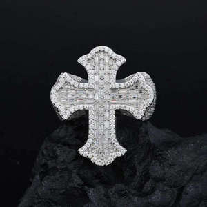 Men's 925 <b>Silver</b> <b>Cross</b> Cocktail <b>Ring</b> With Moissanite Baguette Cut Pave Setting Religious Jewelry Everyday Wear - Product Image 1