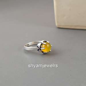 Natural Yellow Onyx 925 Sterling Silver 14K Gold Plated Ring | Cabochon Gemstone Crown Setting Boho Hippie Style Unisex Ring - Product Image 2