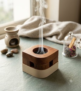 Quemador de Incienso Cuadrado de Madera, Quemador de Aceite de Aromaterapia de Cerámica, Portavelas para Decoración del Hogar - Product Image 5