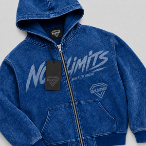 Sudadera con capucha de mezclilla prémium para hombre, estilo urbano, con lavado ácido, estampado gráfico, cremallera y diseño vintage. - Product Image 6