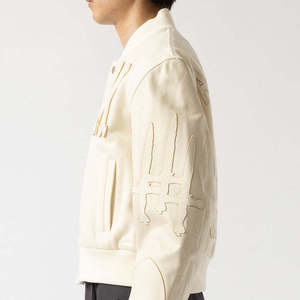 Custom OEM Off-White Tone-on-Tone Patchwork Cropped Varsity <b>Jacket</b> Heavyweight Wool Blend Men Streetwear <b>Letterman</b> <b>Jacket</b> - Product Image 5