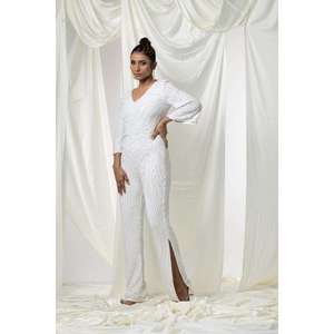 Women White <b>Sequin</b> Jumpsuit V Neck Long Sleeve Side Slit, Party Wear | Luxury Evening Outfit | Wedding Wear India 2026 Designer - Product Image 1