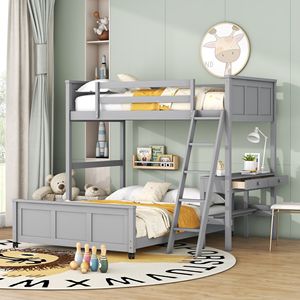 Lit superposé gris double sur grand lit avec bureau intégré pour chambre d'enfant - Product Image 1