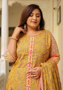 Zig Zag Printed Kurta <b>Pant</b> Dupatta Set Cotton Floral Mustard Round Neck <b>Three</b> <b>Quarter</b> Sleeve Plus Size Women Wholesale Casual - Product Image 4