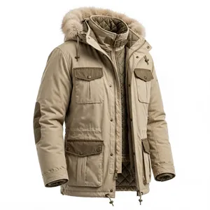 <b>Men's</b> Beige Hooded Puffer <b>Jacket</b> Waterproof Thick Polyester Autumn <b>Long</b> Coat Regular Fit Zipper Closure Sporty Casual - Product Image 5