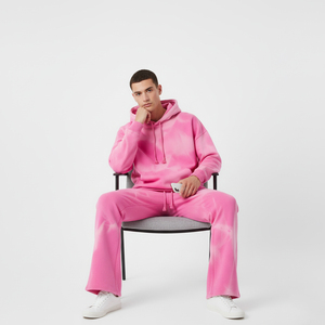 <b>Men's</b> <b>Pink</b> <b>Tie</b>-Dye Hooded Sweatshirt Set Oversized Fit Casual Fleece Knitted Regular Sleeve Autumn Wear - Product Image 2