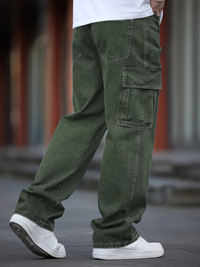 Jean cargo délavé bleu marine pour homme – Coupe droite décontractée, multi-poches, respirant et écologique – Convient à tous - Product Image 4