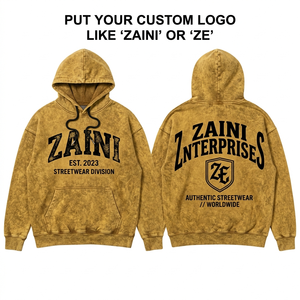 เสื้อฮู้ดดี้ผู้ชายแบบฟอกสี 320 GSM ผ้าฝ้ายฟลีซพรีเมียมหนานุ่ม สไตล์สตรีทแวร์ สีมัสตาร์ดวินเทจ พร้อมโลโก้พิมพ์ลายตามสั่ง - Product Image 1