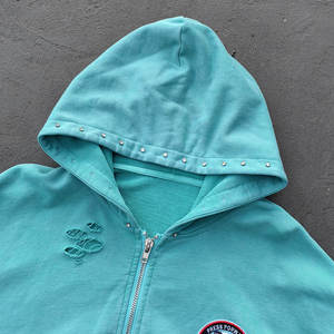 Custom Distressed Cutout Zip <b>Hoodie</b> | Rhinestone Detail Oversized Streetwear Sweatshirt OEM ODM Private Label Rhinestone Hoodies - Product Image 4