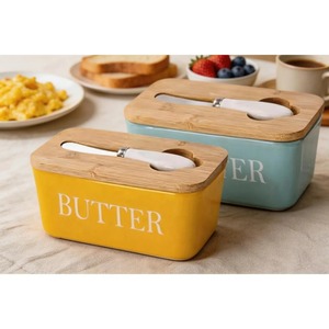 Ceramic Butter Dish <b>Container</b> With Wooden Lid And Knife Elegant Butter <b>Storage</b> Box Perfect For <b>Kitchen</b> And Dining Table Use - Product Image 1