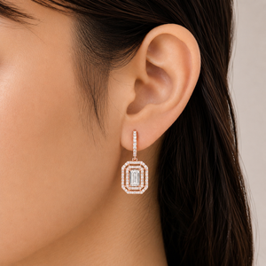 Rose Gold Plated Moissanite Drop <b>Earrings</b> Emerald Cut Geometric Halo Luxury Wedding Jewelry Women's - Product Image 4