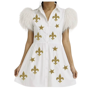 Robe mini noire pour femme avec broderie fleur de lys et étoile dorées, manches bouffantes en plumes, col rabattu, robe d'été décontractée - Product Image 2