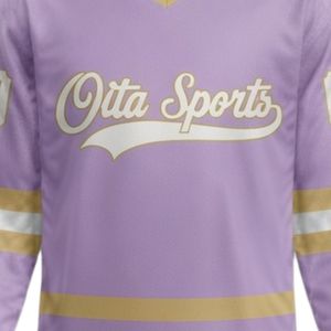 Men Purple Gold Sublimated Ice Hockey Jersey Shorts Set V Neck Striped Polyester <b>Athletic</b> Team Wear Performance Sports Apparel - Product Image 5