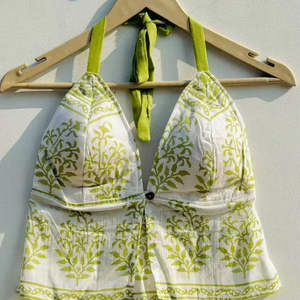 Sujetador Mulmul de algodón Floral verde Vintage Choli transpirable blanco claro indio Top Crop vestido espalda menos cuello Halter estilo de punto - Product Image 2